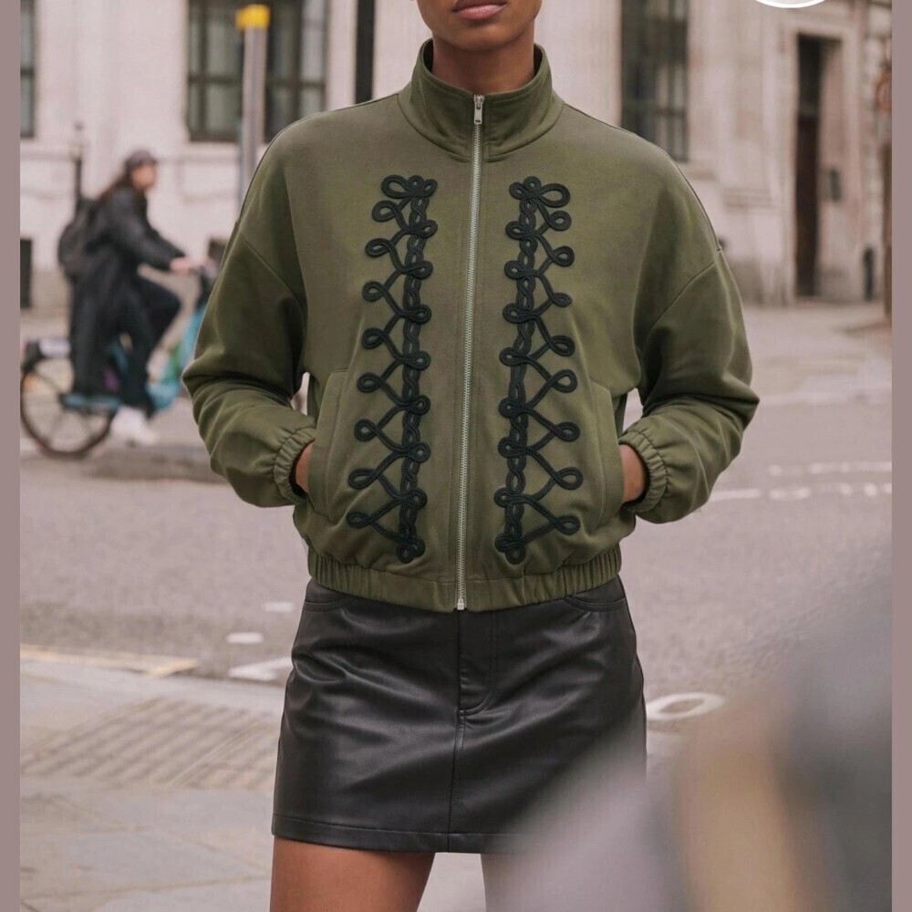Olive Green Braided Cord Embroidered Zip Front Bomber Jacket